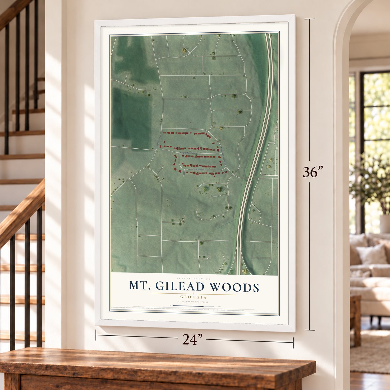Mt. Gilead Woods, Georgia map, 24 x 36 inch print in a white frame by a staircase