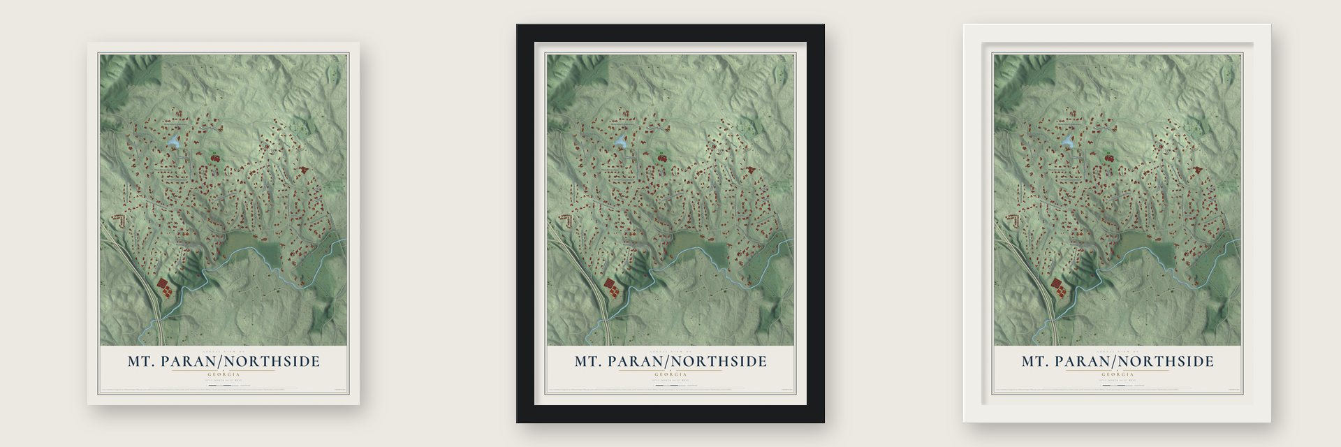 Mt. Paran-Northside, Georgia map unframed, in a black wood frame and in a white wood frame