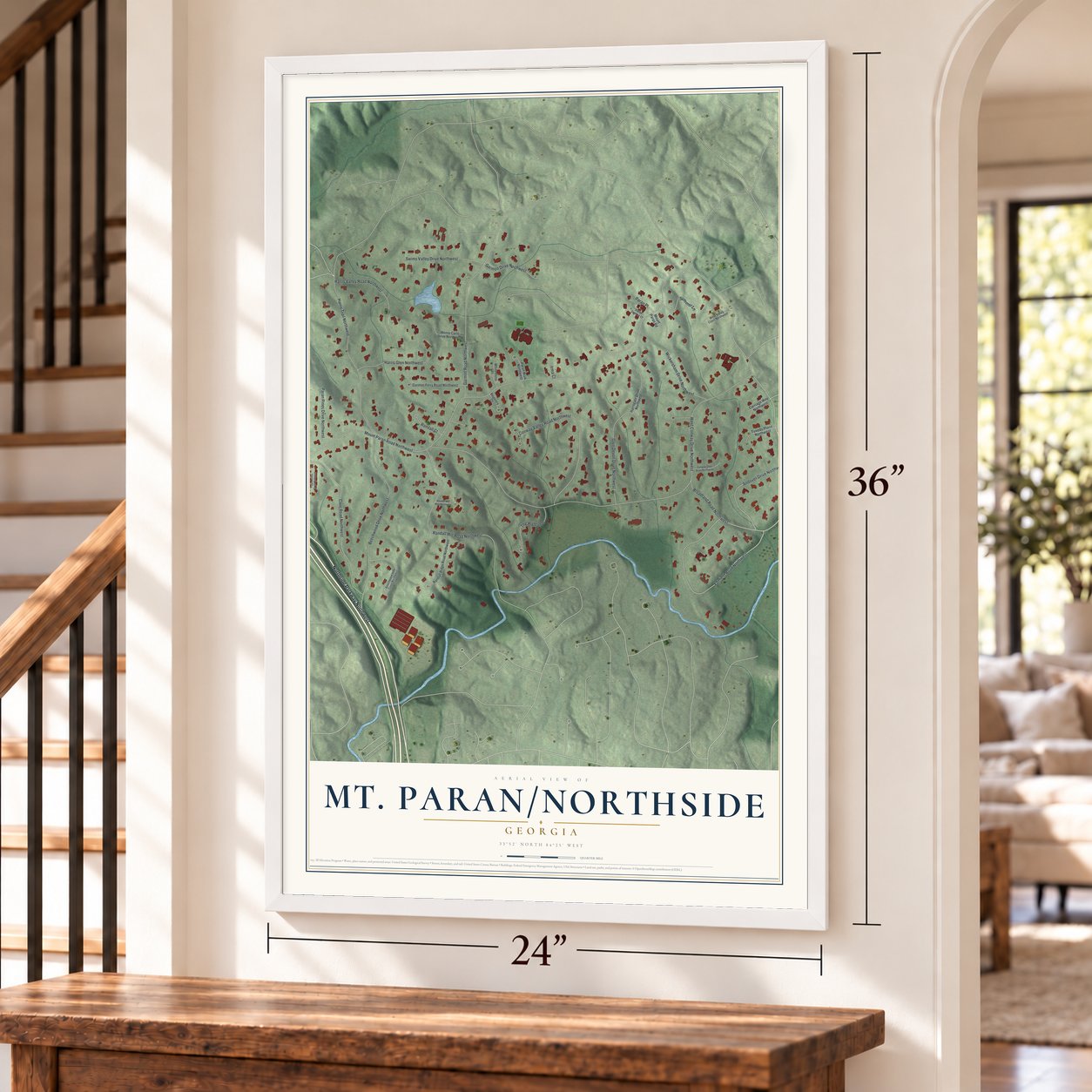 Mt. Paran-Northside, Georgia map, 24 x 36 inch print in a white frame by a staircase