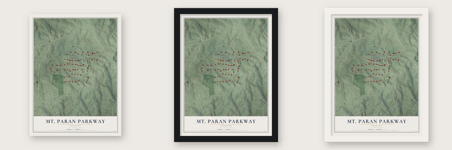 Mt. Paran Parkway, Georgia map unframed, in a black wood frame and in a white wood frame