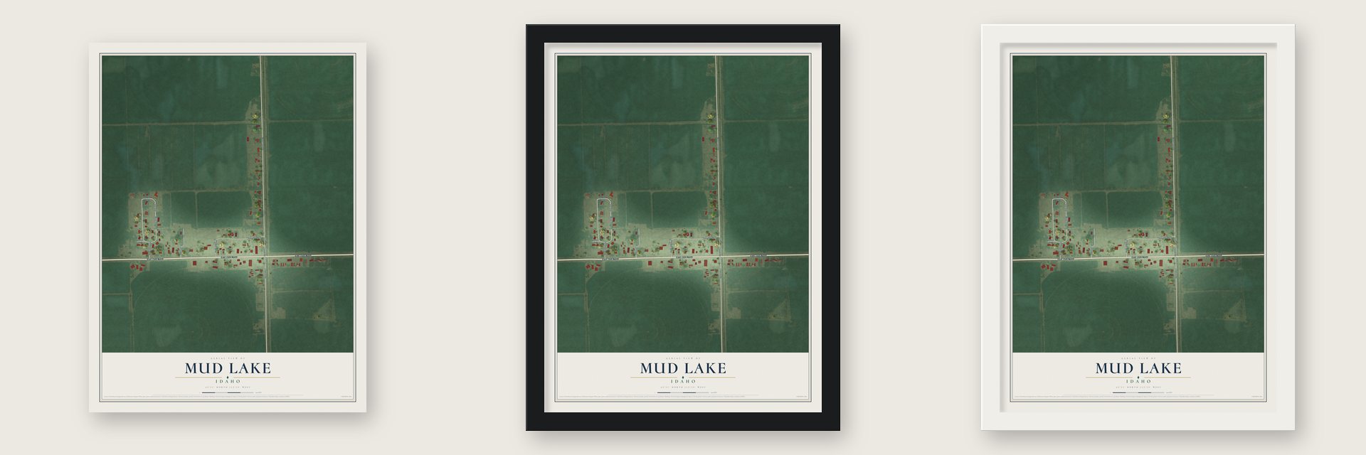 Mud Lake, Idaho map unframed, in a black wood frame and in a white wood frame