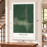 Mud Lake, Idaho map, 24 x 36 inch print in a white frame by a staircase