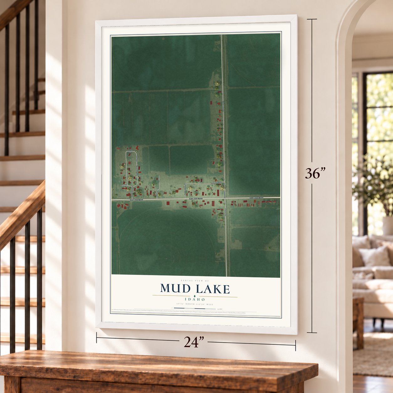 Mud Lake, Idaho map, 24 x 36 inch print in a white frame by a staircase