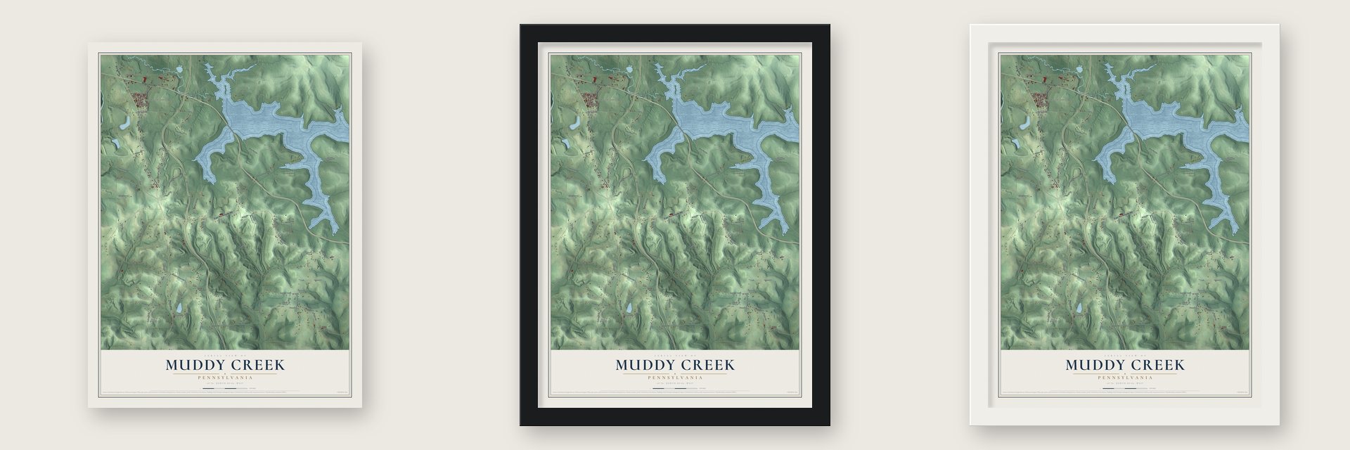 Muddy Creek, Pennsylvania map unframed, in a black wood frame and in a white wood frame