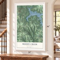 Muddy Creek, Pennsylvania map, 24 x 36 inch print in a white frame by a staircase