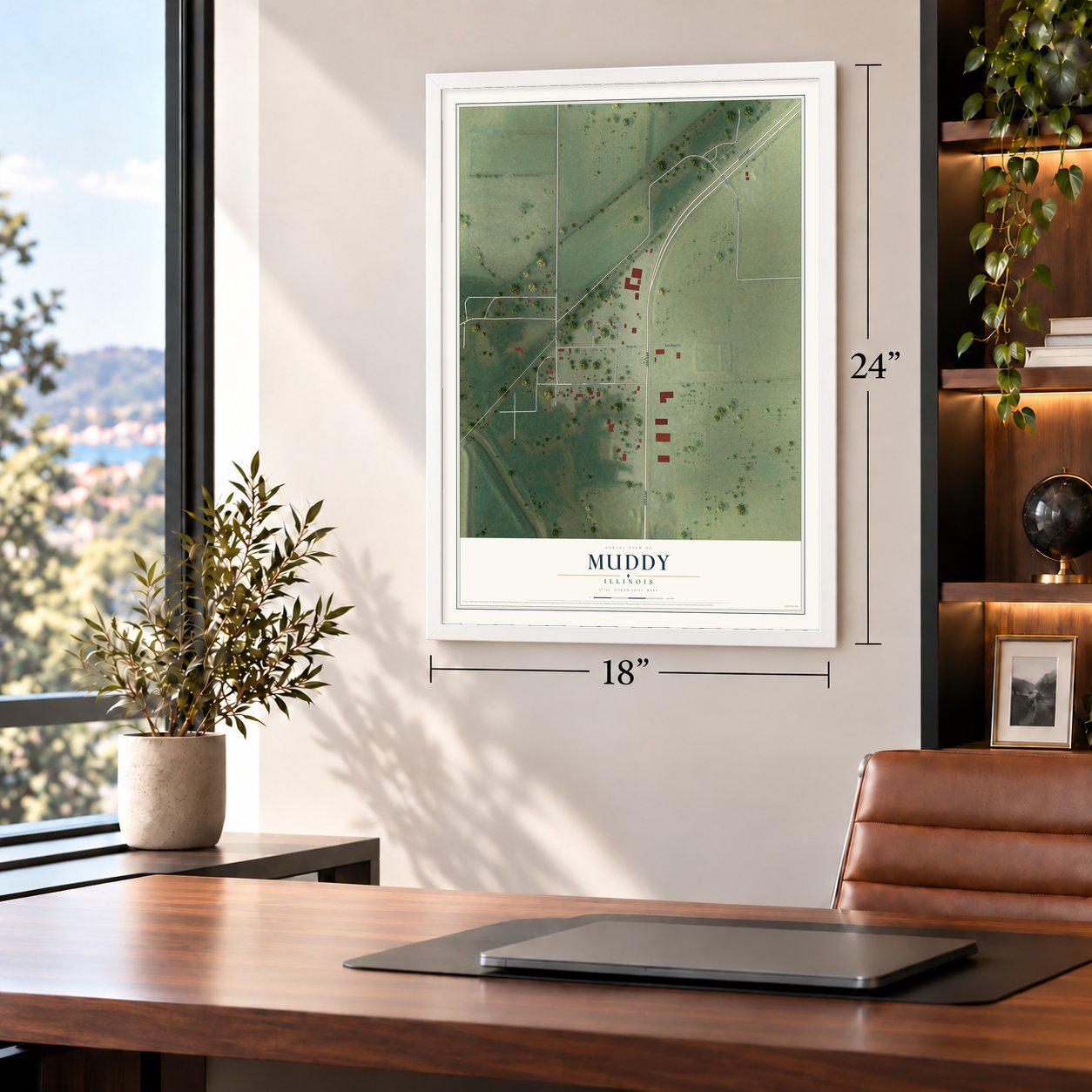 Muddy, Illinois map, 18 x 24 inch print in a white frame in a home office