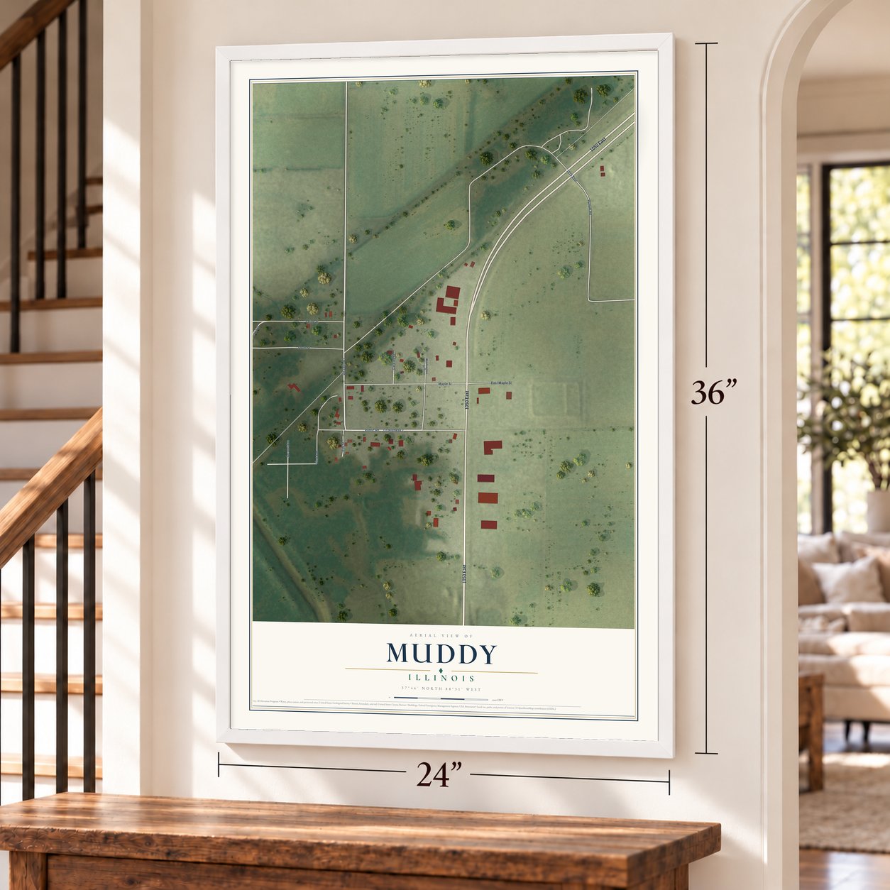 Muddy, Illinois map, 24 x 36 inch print in a white frame by a staircase