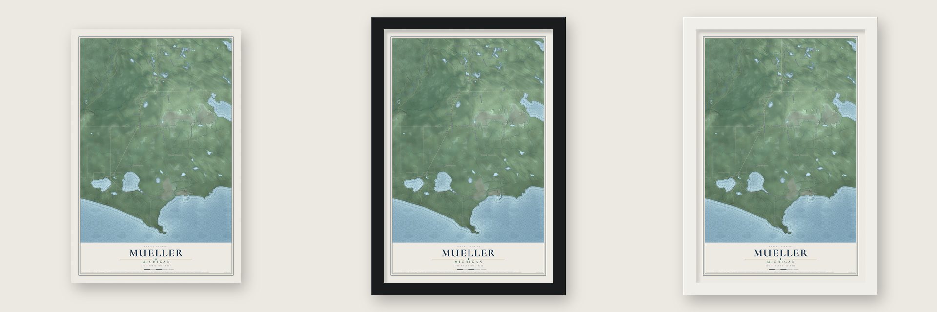 Mueller, Michigan map unframed, in a black wood frame and in a white wood frame