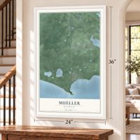 Mueller, Michigan map, 24 x 36 inch print in a white frame by a staircase