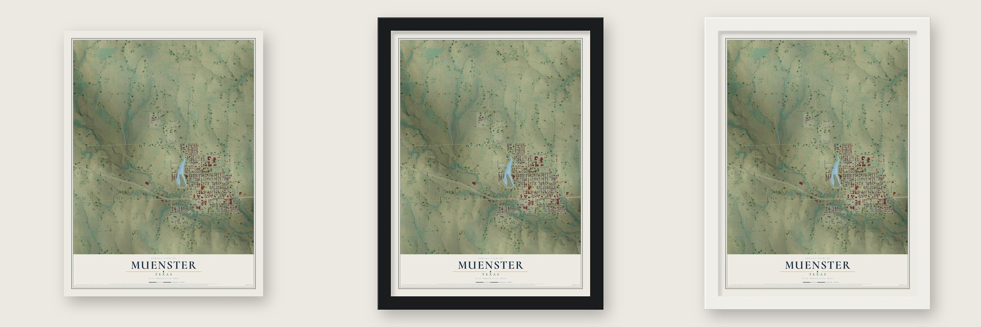 Muenster, Texas map unframed, in a black wood frame and in a white wood frame
