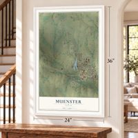 Muenster, Texas map, 24 x 36 inch print in a white frame by a staircase
