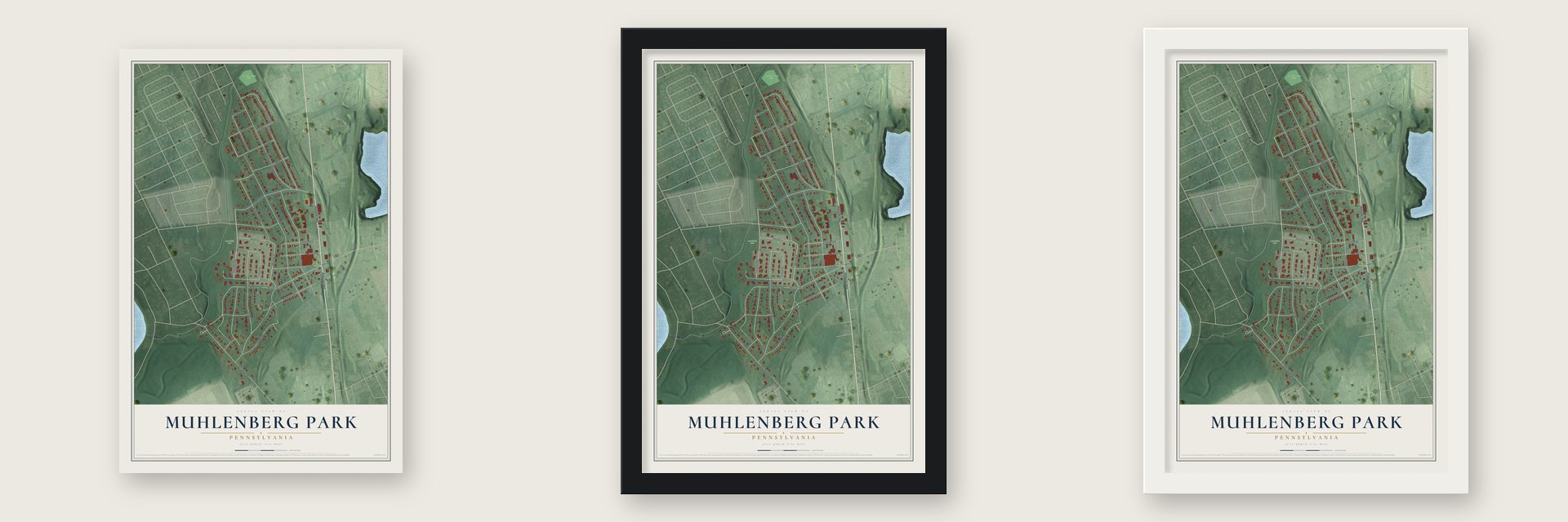 Muhlenberg Park, Pennsylvania map unframed, in a black wood frame and in a white wood frame