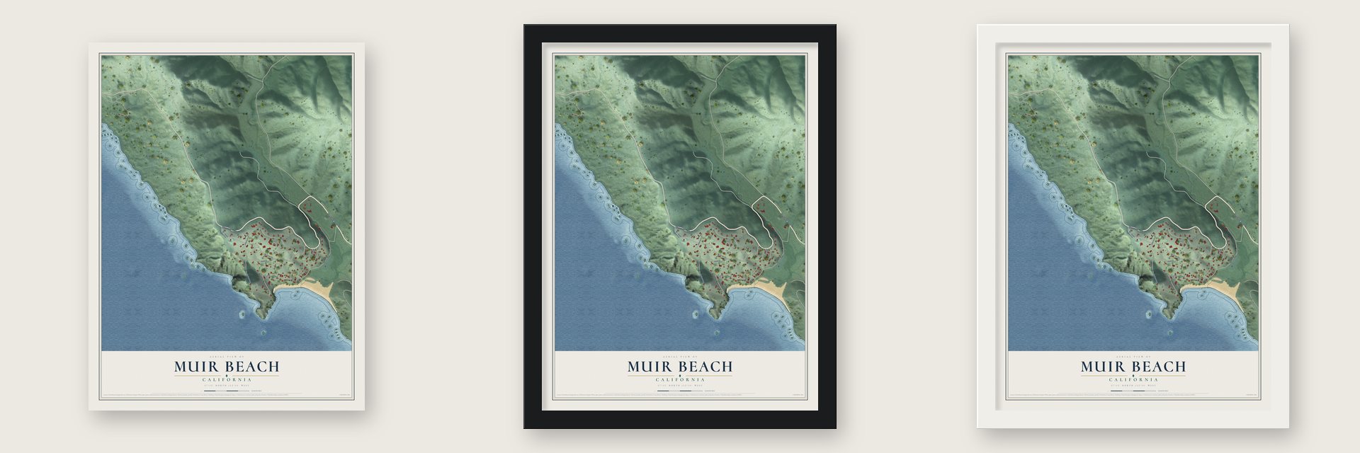 Muir Beach, California map unframed, in a black wood frame and in a white wood frame