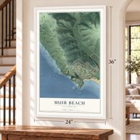 Muir Beach, California map, 24 x 36 inch print in a white frame by a staircase