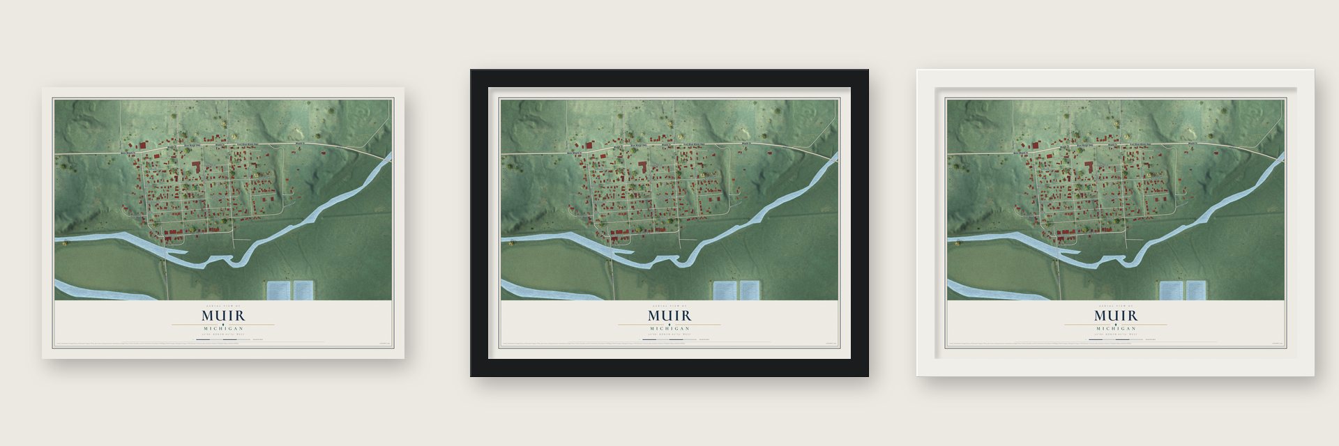 Muir, Michigan map unframed, in a black wood frame and in a white wood frame