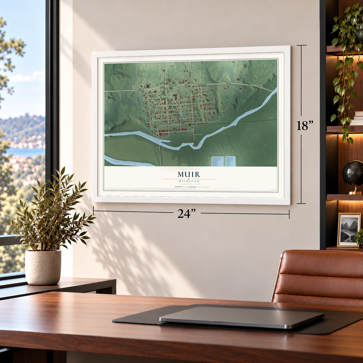 Muir, Michigan map, 18 x 24 inch print in a white frame in a home office