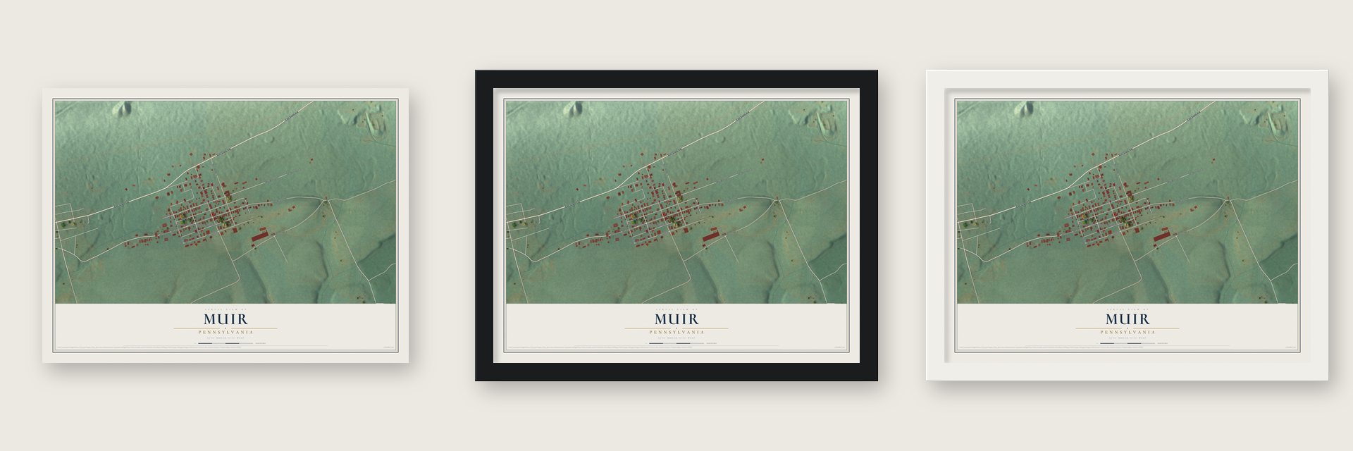 Muir, Pennsylvania map unframed, in a black wood frame and in a white wood frame