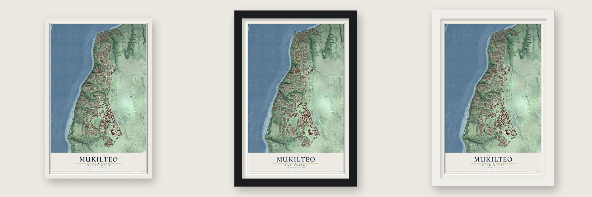 Mukilteo, Washington map unframed, in a black wood frame and in a white wood frame