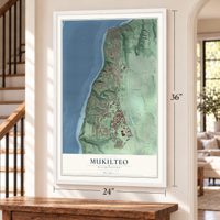 Mukilteo, Washington map, 24 x 36 inch print in a white frame by a staircase