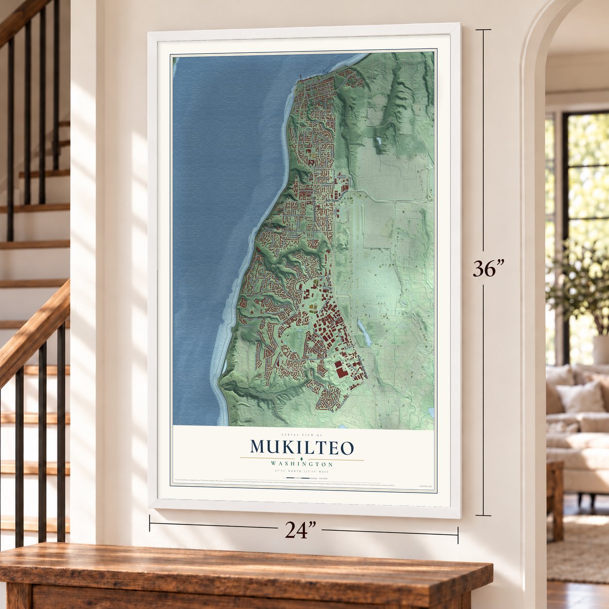 Mukilteo, Washington map, 24 x 36 inch print in a white frame by a staircase