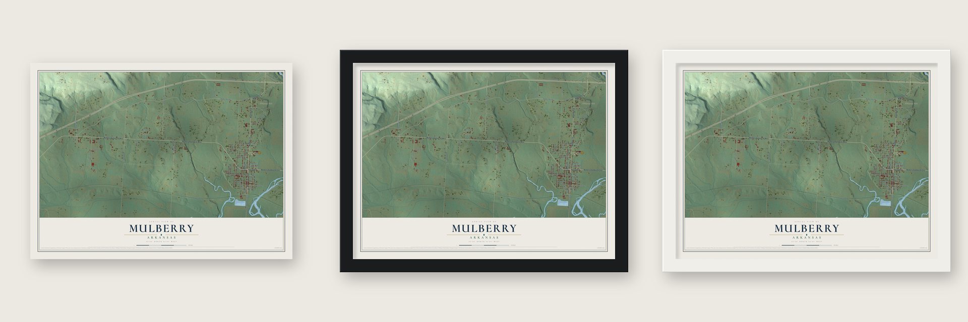 Mulberry, Arkansas map unframed, in a black wood frame and in a white wood frame