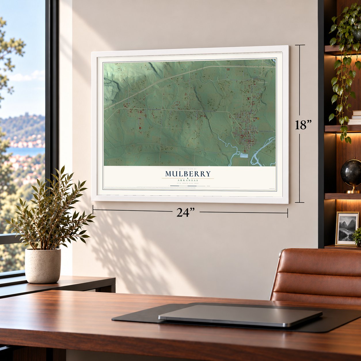 Mulberry, Arkansas map, 18 x 24 inch print in a white frame in a home office
