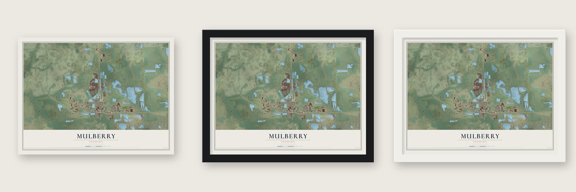 Mulberry, Florida map unframed, in a black wood frame and in a white wood frame