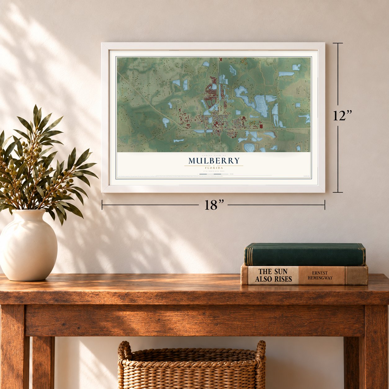Mulberry, Florida map, 12 x 18 inch print in a white frame in an entryway