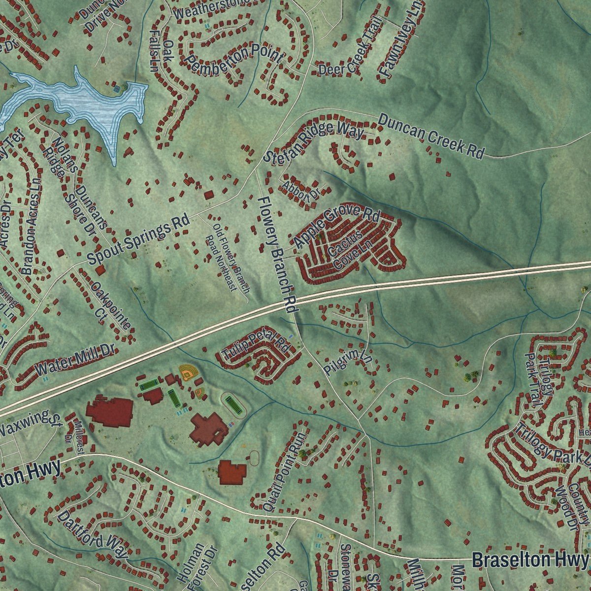 Second close-up of the map of Mulberry, Georgia print showing more streets and buildings