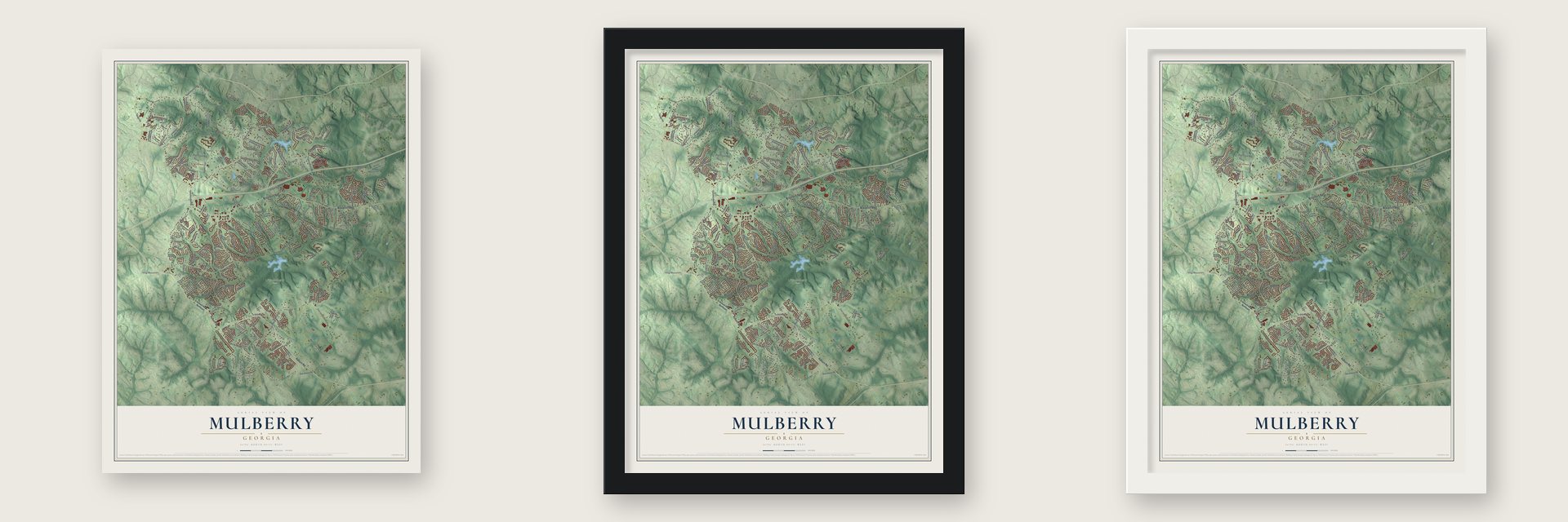 Mulberry, Georgia map unframed, in a black wood frame and in a white wood frame