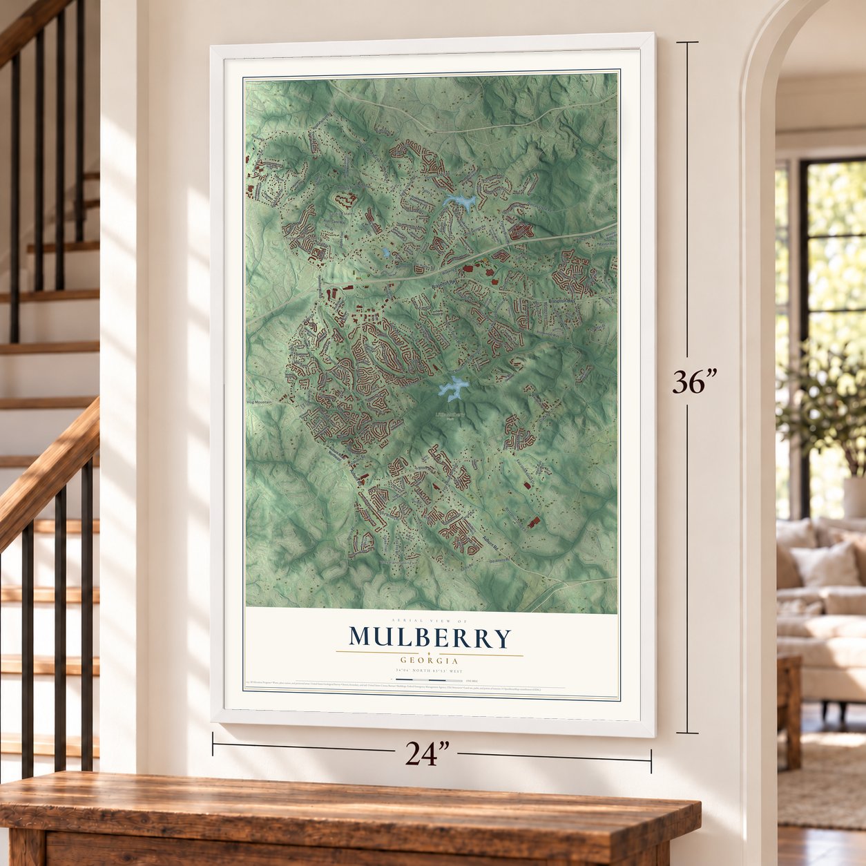 Mulberry, Georgia map, 24 x 36 inch print in a white frame by a staircase