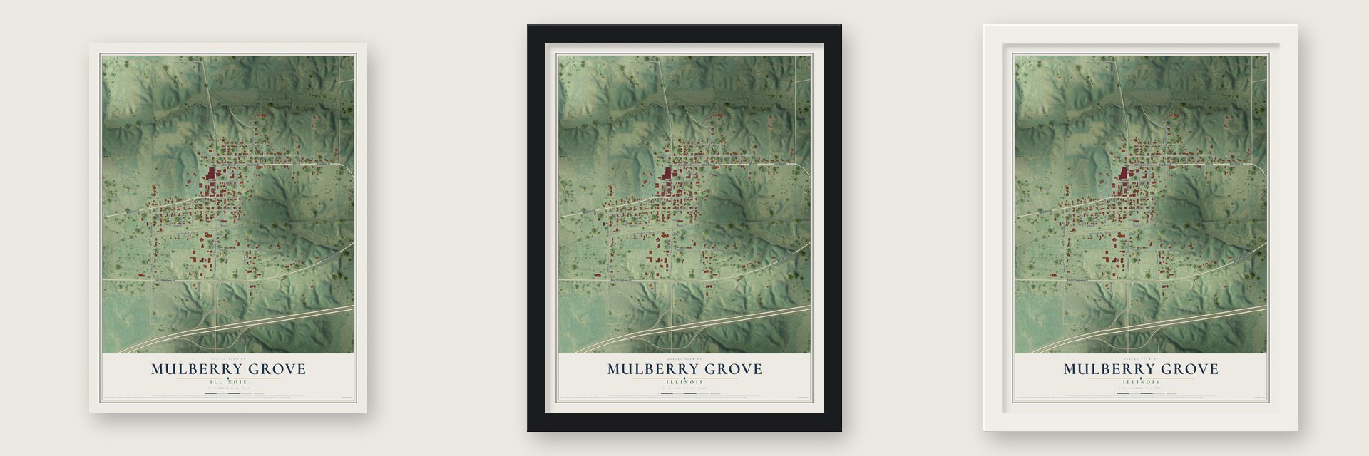 Mulberry Grove, Illinois map unframed, in a black wood frame and in a white wood frame