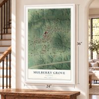 Mulberry Grove, Illinois map, 24 x 36 inch print in a white frame by a staircase
