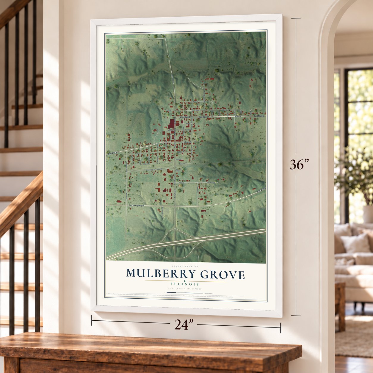 Mulberry Grove, Illinois map, 24 x 36 inch print in a white frame by a staircase