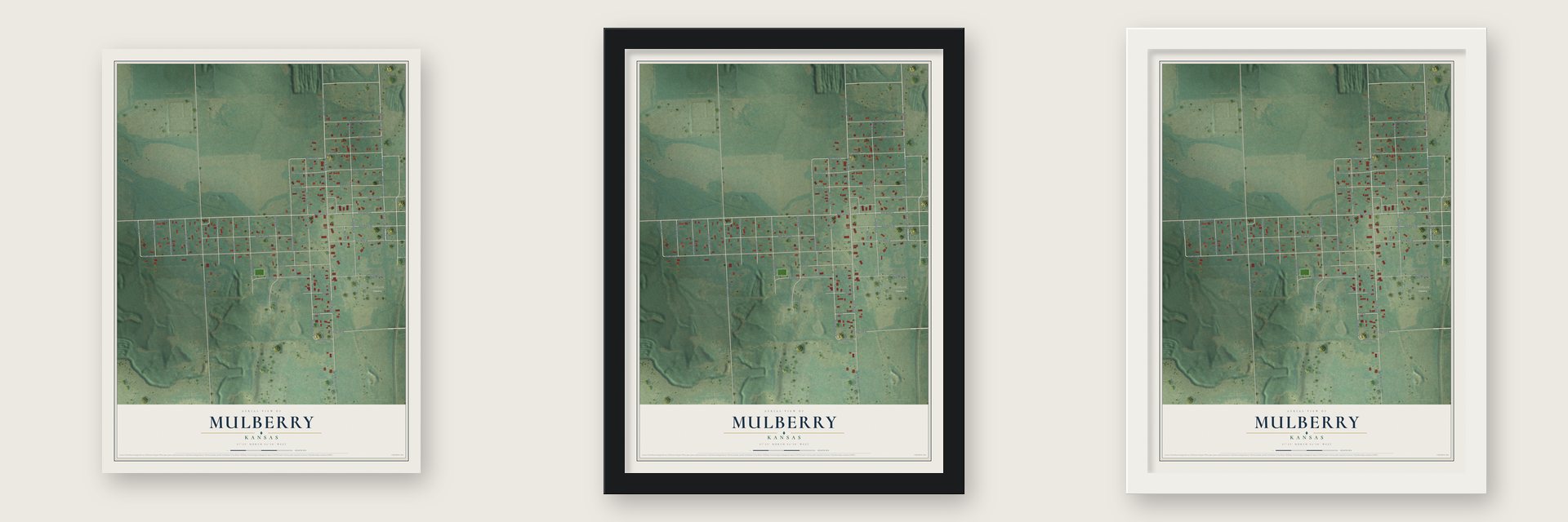 Mulberry, Kansas map unframed, in a black wood frame and in a white wood frame
