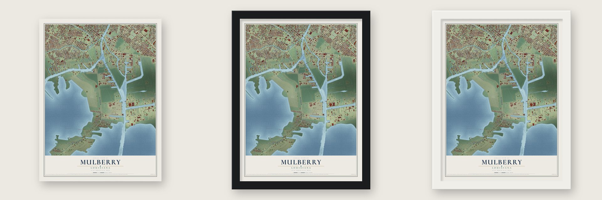 Mulberry, Louisiana map unframed, in a black wood frame and in a white wood frame