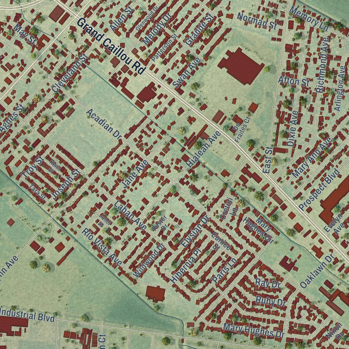 Second close-up of the map of Mulberry, Louisiana print showing more streets and buildings