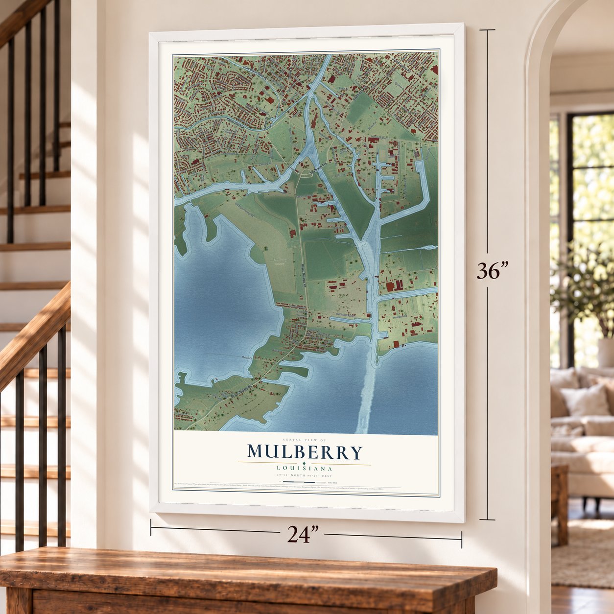 Mulberry, Louisiana map, 24 x 36 inch print in a white frame by a staircase