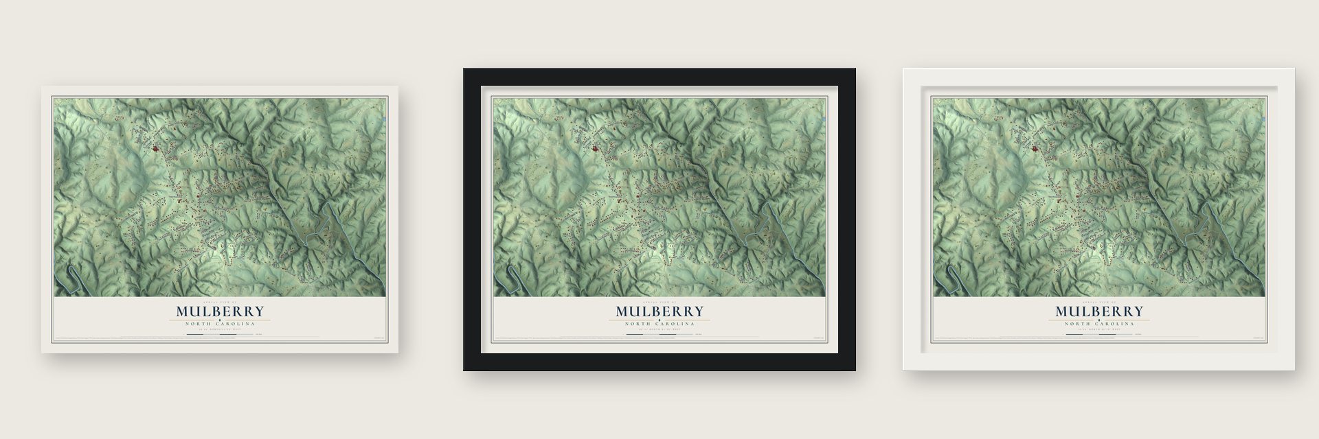 Mulberry, North Carolina map unframed, in a black wood frame and in a white wood frame