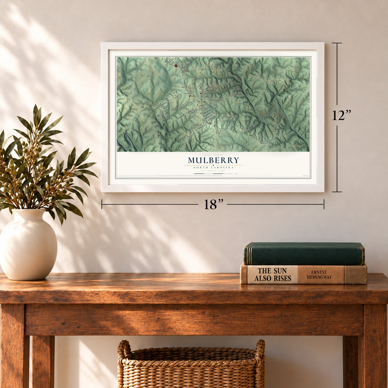 Mulberry, North Carolina map, 12 x 18 inch print in a white frame in an entryway