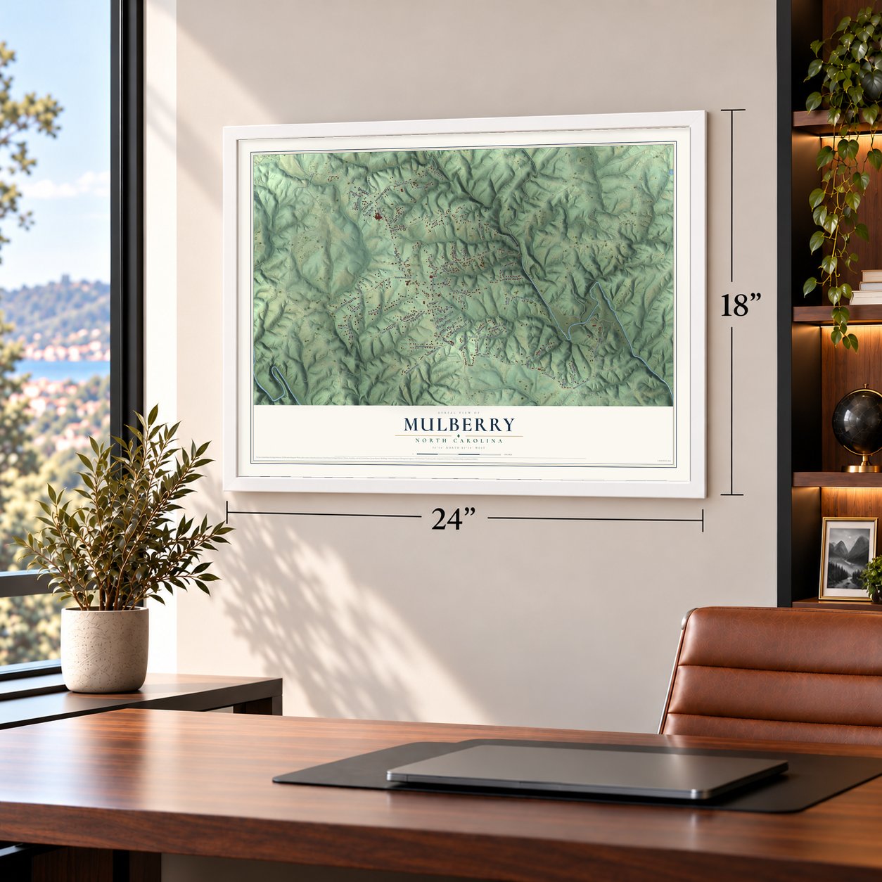 Mulberry, North Carolina map, 18 x 24 inch print in a white frame in a home office