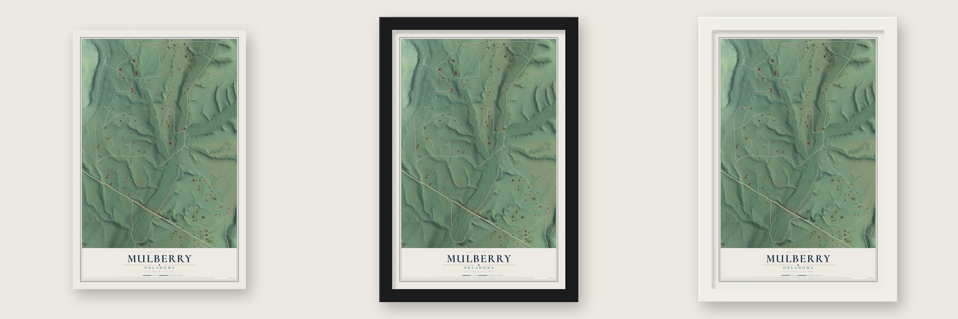 Mulberry, Oklahoma map unframed, in a black wood frame and in a white wood frame