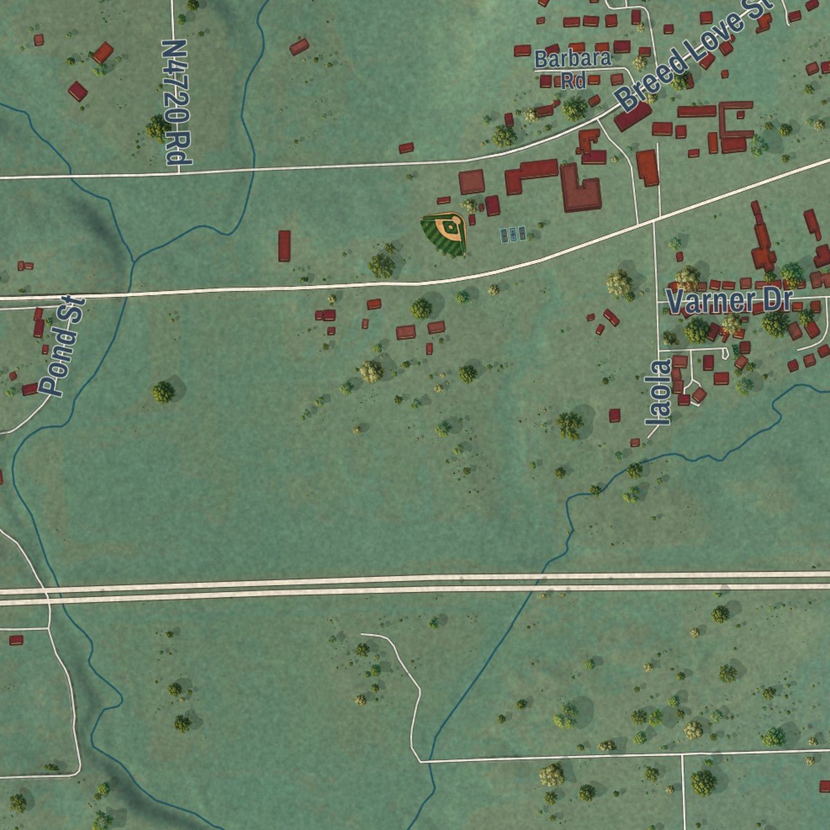 Second close-up of the map of Muldrow, Oklahoma print showing more streets and buildings