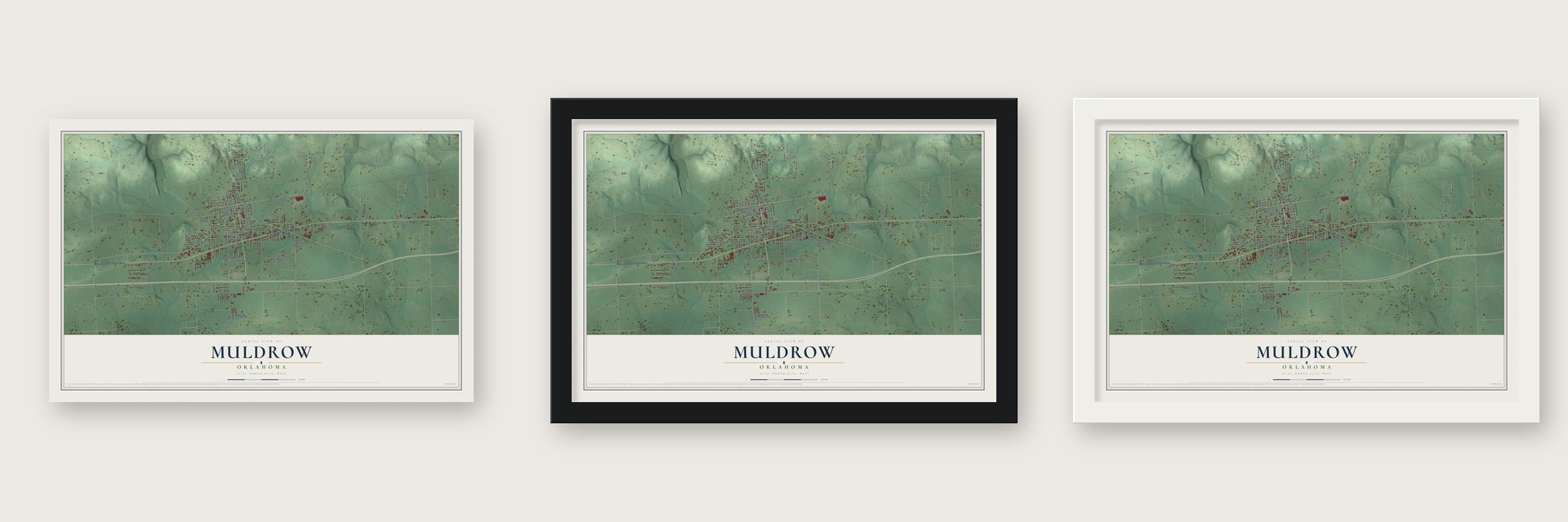 Muldrow, Oklahoma map unframed, in a black wood frame and in a white wood frame