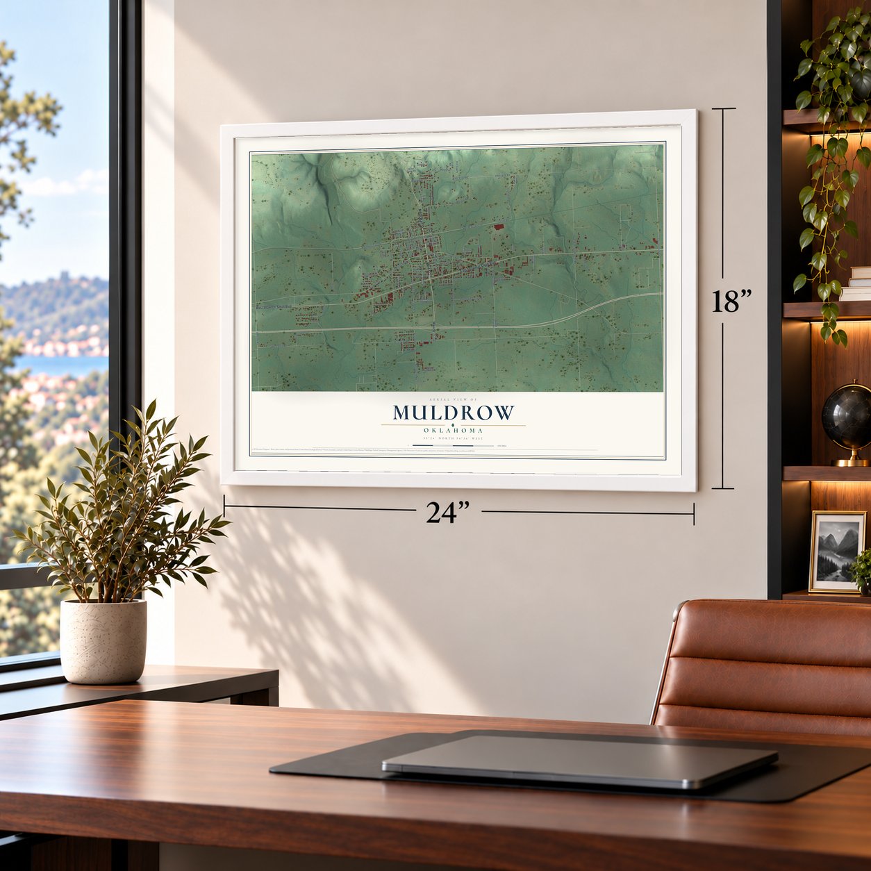 Muldrow, Oklahoma map, 18 x 24 inch print in a white frame in a home office