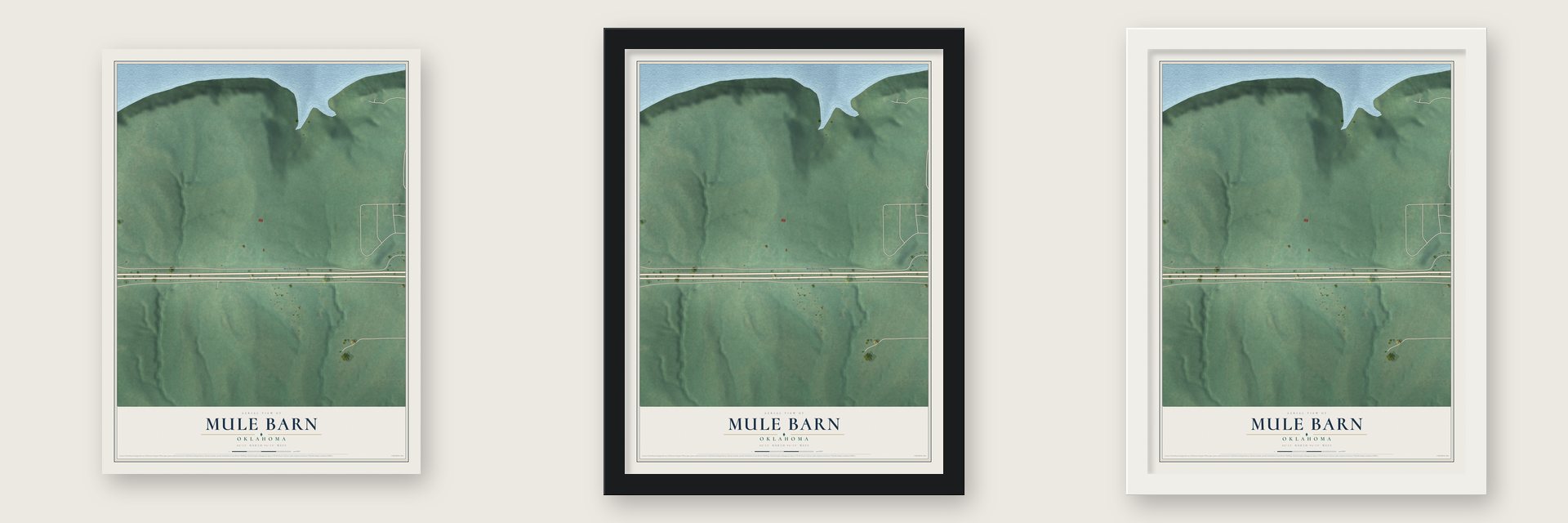Mule Barn, Oklahoma map unframed, in a black wood frame and in a white wood frame