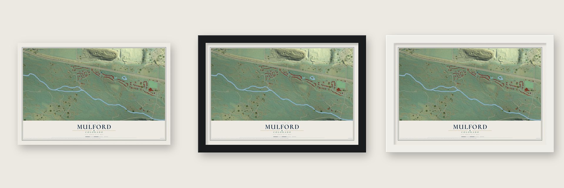 Mulford, Colorado map unframed, in a black wood frame and in a white wood frame