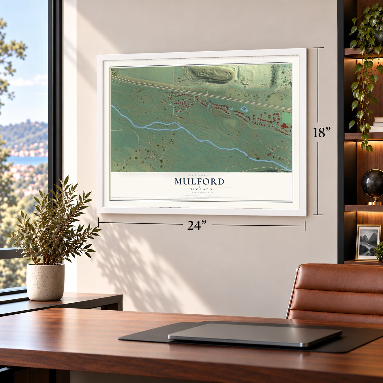 Mulford, Colorado map, 18 x 24 inch print in a white frame in a home office