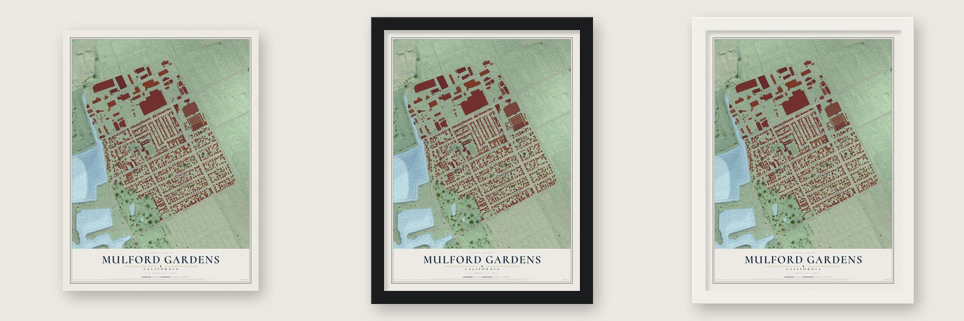 Mulford Gardens, California map unframed, in a black wood frame and in a white wood frame