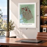 Mulford Gardens, California map, 18 x 24 inch print in a white frame in a home office